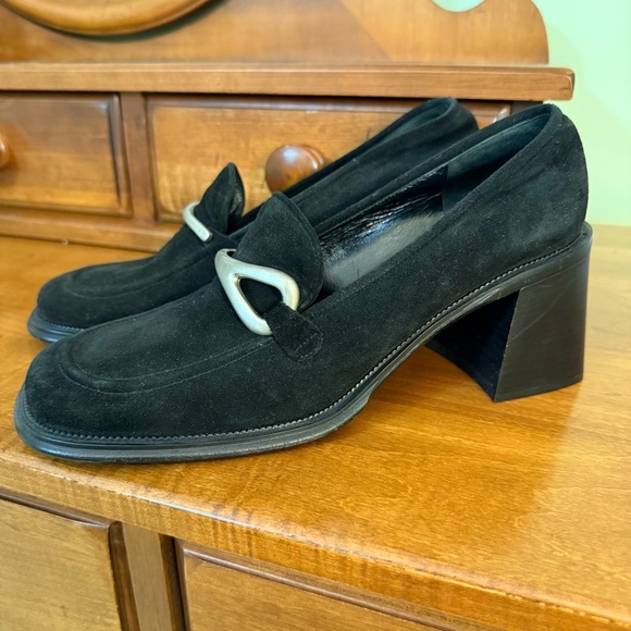 NEW Via Spiga Rambo  Black Eru Calf Suede Loafers block heel size 9.5 slip on - Picture 1 of 13